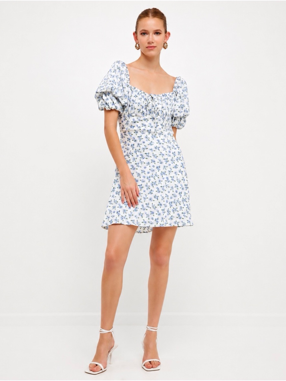 Free the Roses Blue Floral Puff-Sleeve Mini Dress - Picture 2 of 6